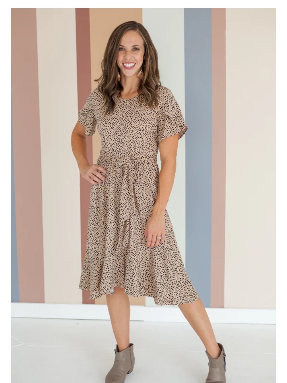 Tan Midi Dress with Black Dot Print - Women